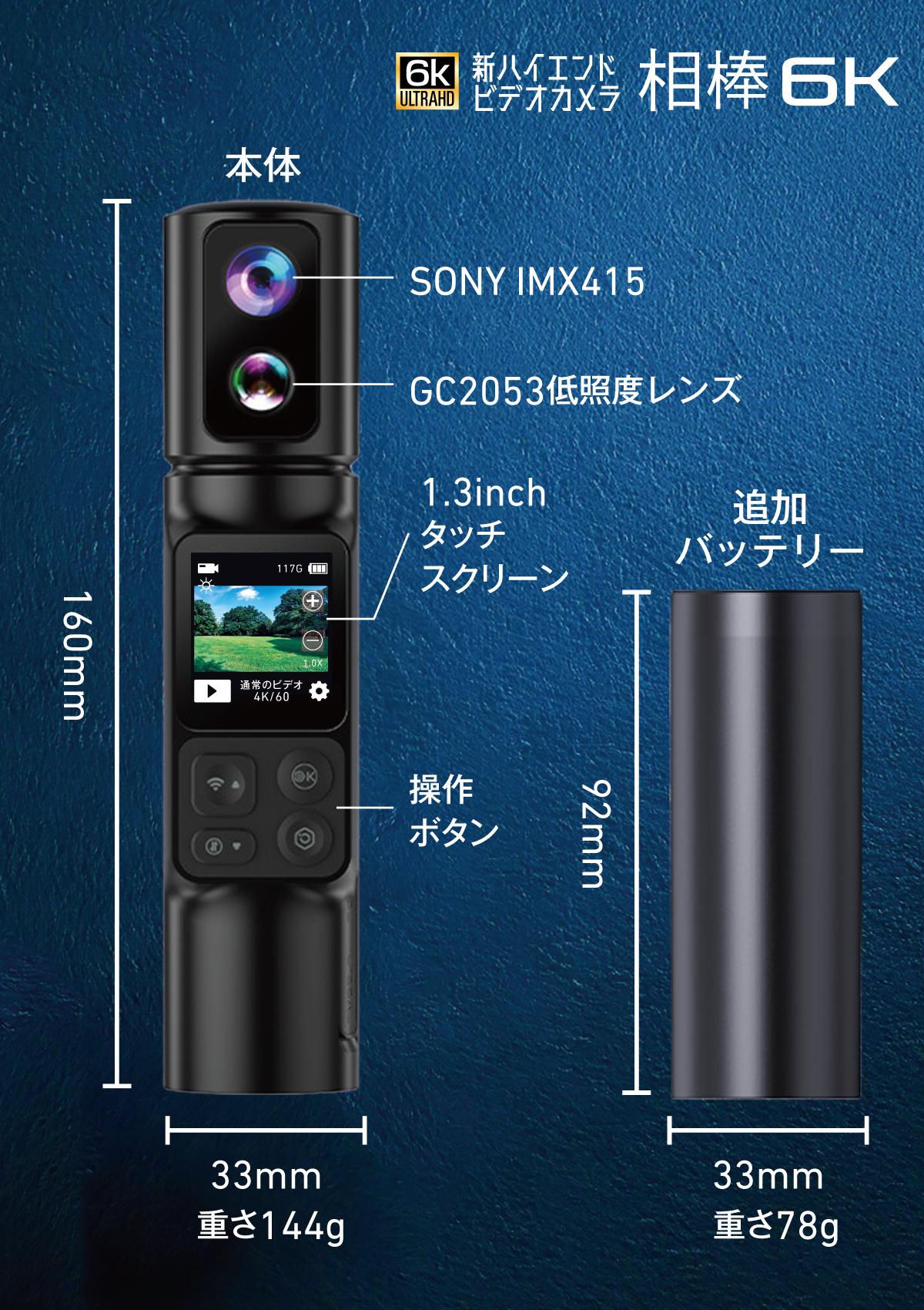 トライアングル株式会社 SONY製レンズ+低照度レンズ！6K動画！手ブレ補正！タッチパネル操作！
タイムラプスもスローモーションも！2段脱着バッテリーで10時間稼働！
5倍ズーム・回転レンズ・リモコンも三脚も対応・真新しい形で高性能【相棒6K】